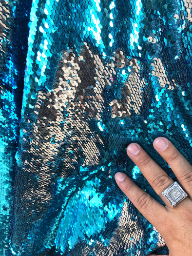 Teal blue-silver shiny flip sequins-mermaid fish scales embroider on a 2 way stretch spandex-dresses-fashion-apparel-pillows-sold by yard.