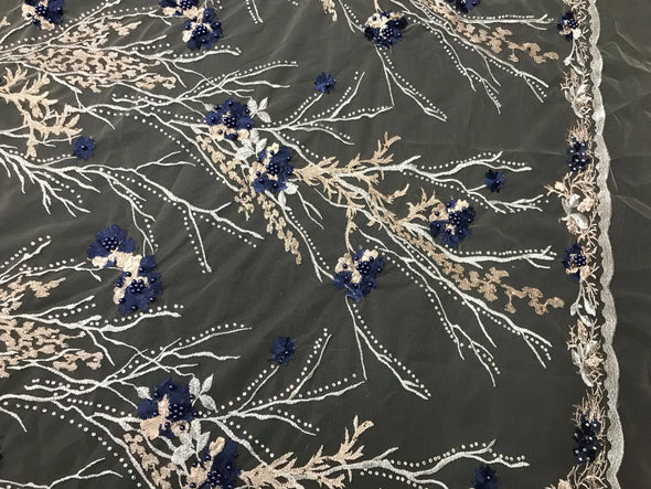 Navy blue floral design embroider with metallic tread pearls and iridescent rhinestones on a nude mesh-dresses-fashion-prom-nightgown-yard.