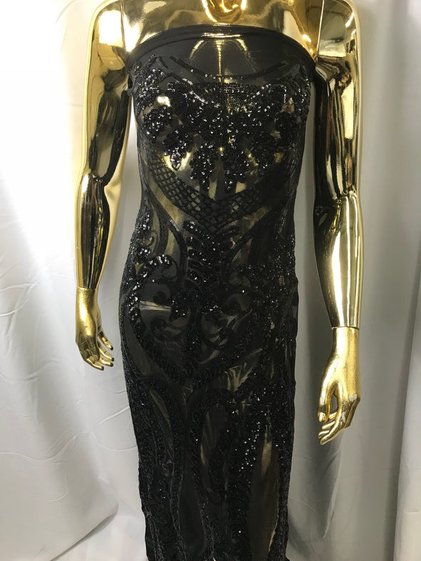 Black diva design embroider with shiny sequins on a 4 way Stretch power mesh-dresses-fashion-apparel-prom-nightgown-sold by the yard.