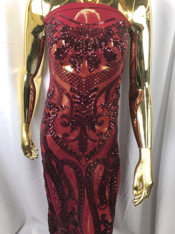 Burgundy diva design embroider with shiny sequins on a 4 way stretch power mesh-dresses-fashion-apparel-prom-nightgown-sold by the yard.