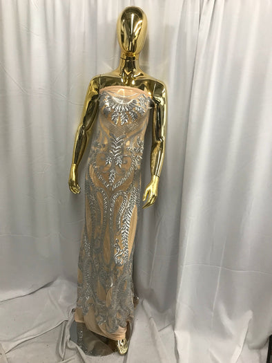 Gray diva design embroider with sequins on a nude 4 way stretch power mesh-dresses-fashion-apparel-prom-nightgown-sold by the yard.