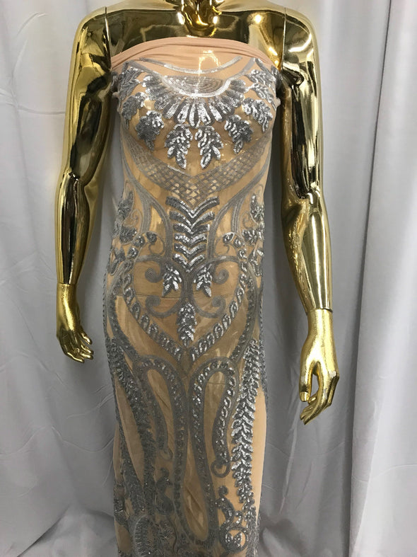 Gray diva design embroider with sequins on a nude 4 way stretch power mesh-dresses-fashion-apparel-prom-nightgown-sold by the yard.