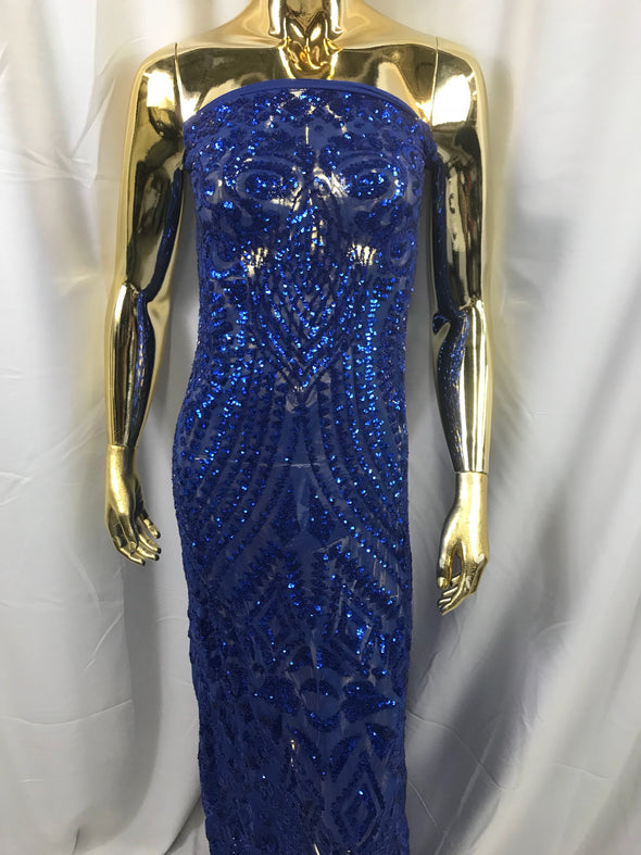 Royal blue geometric diamond design embroidery with sequins on a 4 way stretch mesh-dresses-prom-nightgown-fashion-sold by the yard.