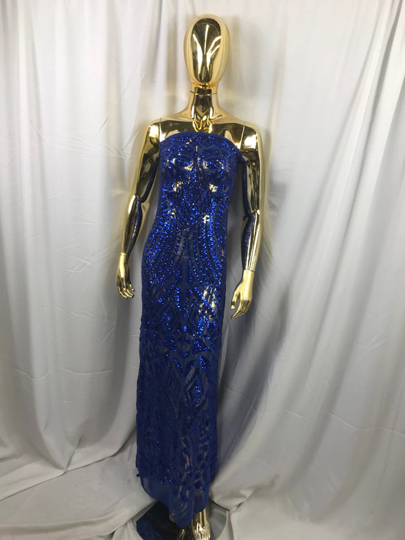 Royal blue geometric diamond design embroidery with sequins on a 4 way stretch mesh-dresses-prom-nightgown-fashion-sold by the yard.