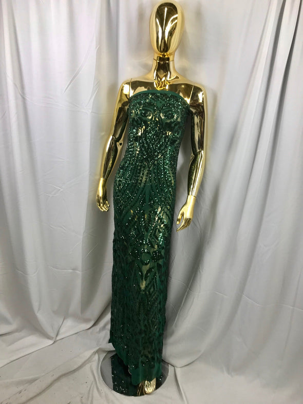 Hunter green geometric diamond design embroidery with sequins on a 4 way stretch mesh-dresses-fashion-prom-nightgown-sold by yard.