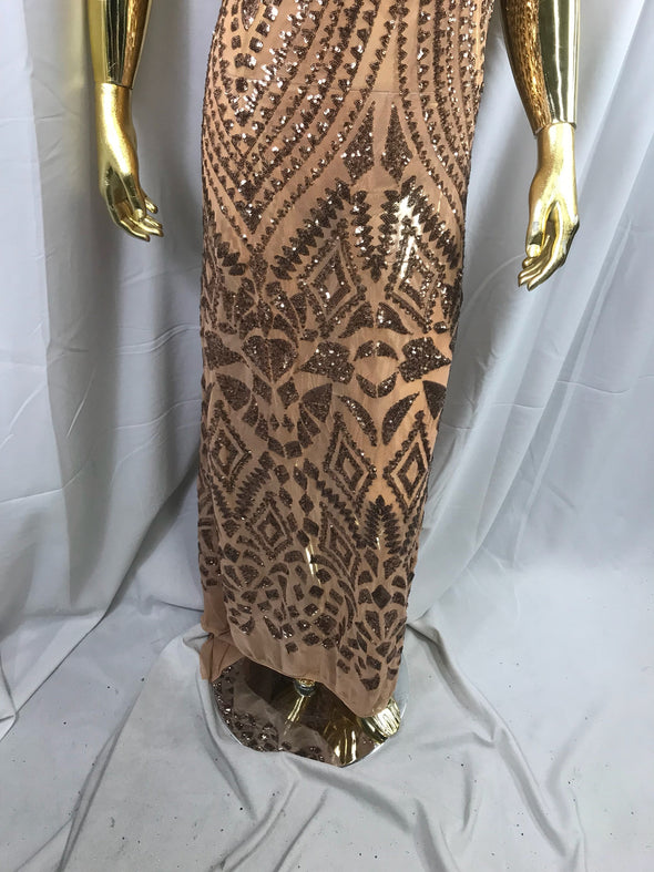 Nude color geometric diamond design embroidery with sequins on a 4 way stretch mesh-dresses-prom-nightgown-sold by the yard.