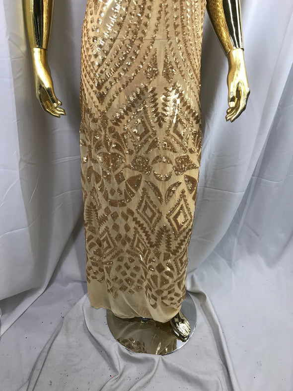 Matt gold geometric diamond design embroidery with sequins on a 4 way stretch mesh-dresses-prom-nightgown-sold by the yard.