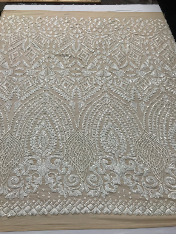 Skin color-white color geometric diamond design embroidery with sequins on a 4 Way Stretch Mesh-dresses-prom-nightgown-sold by the yard.