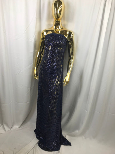 Navy blue imperial design embroidery with shiny sequins on a 4 way stretch mesh-dresses-fashion-prom-nightgown-sold by the yard.