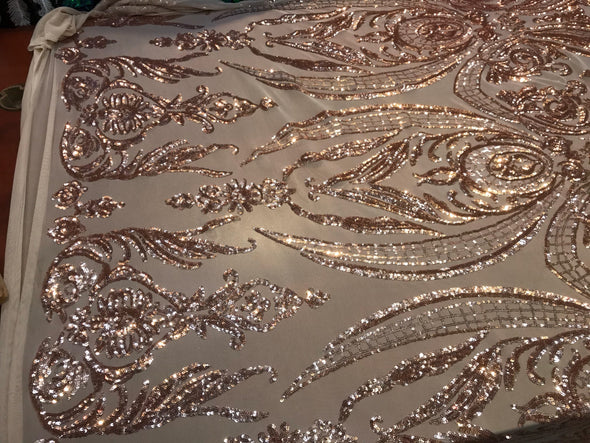 Rose gold empire design embroidered with shiny sequins on a 4 way Stretch Mesh-dresses-fashion-prom-nightgown-sold by the yard.
