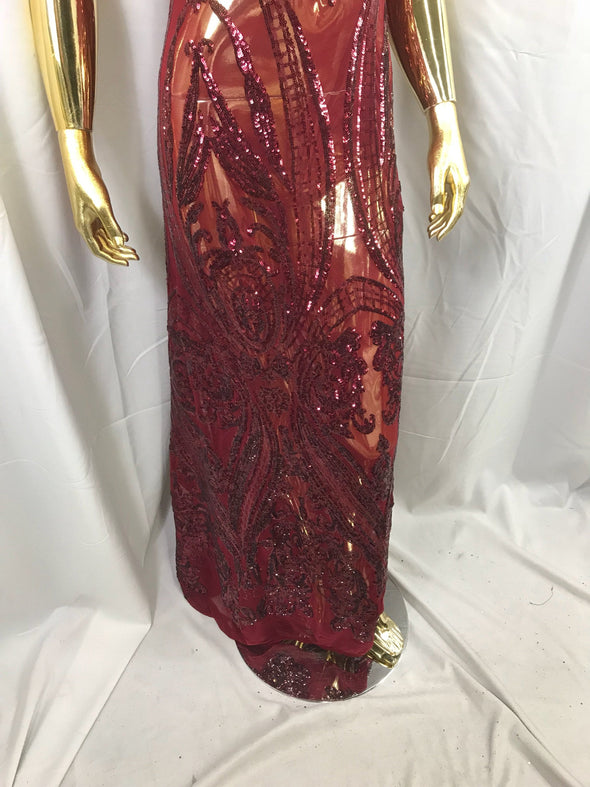 Burgundy princess design embroidery with sequins on a 4 way Stretch Mesh-dresses-fashion-prom-nightgown-apparel-sold by the yard.