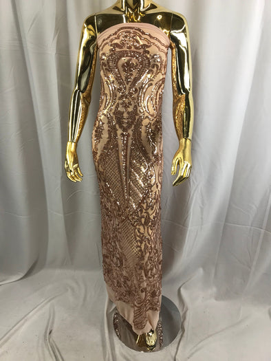 Rose gold princess design embroider with shiny sequins on a 4 way stretch power mesh-dresses-fashion-prom-nightgown-sold by the yard.