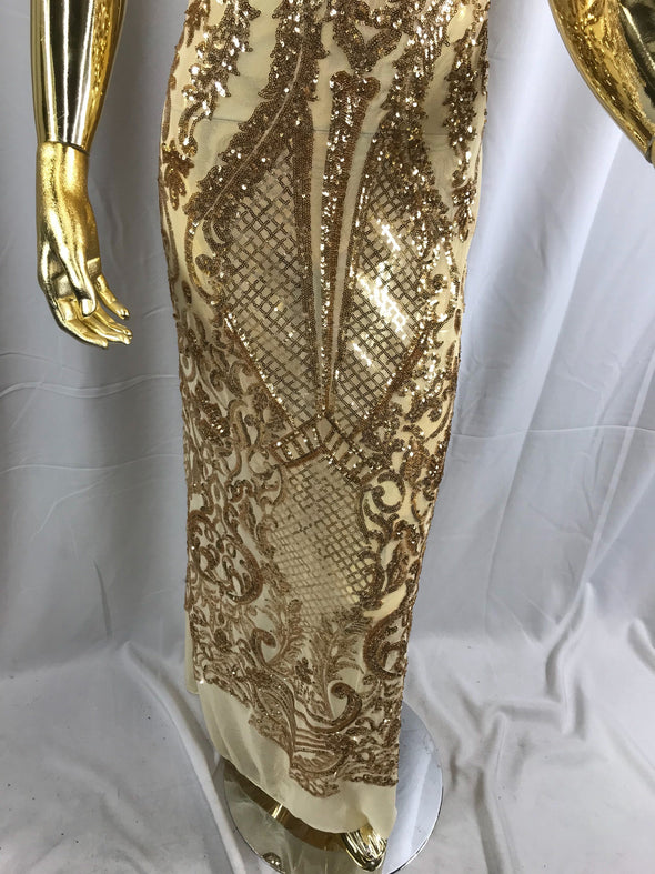 Gold princess design embroider with shiny sequins on 4 way stretch a power mesh-dresses-fashion-prom-nightgown-sold by the yard.