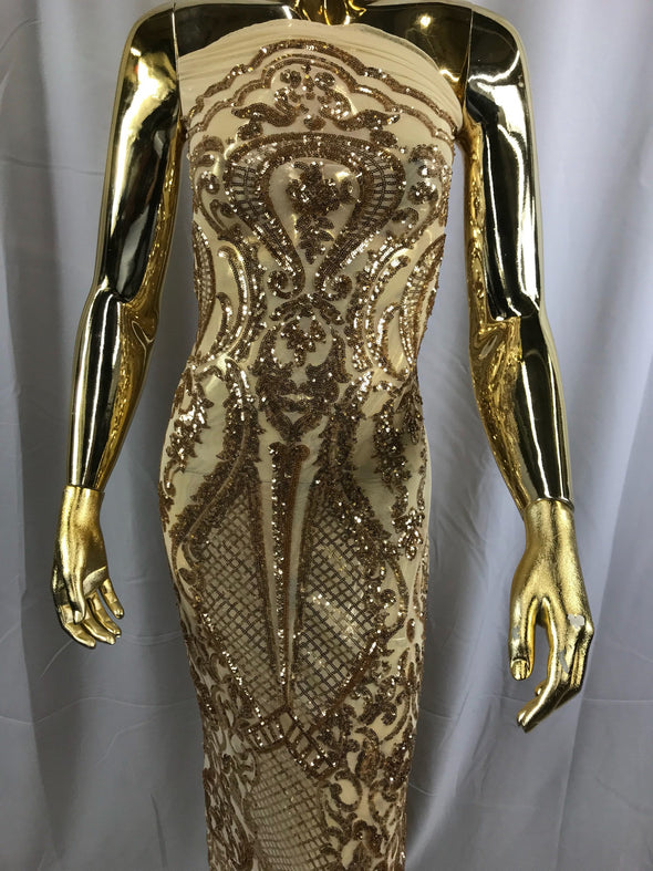 Gold princess design embroider with shiny sequins on 4 way stretch a power mesh-dresses-fashion-prom-nightgown-sold by the yard.