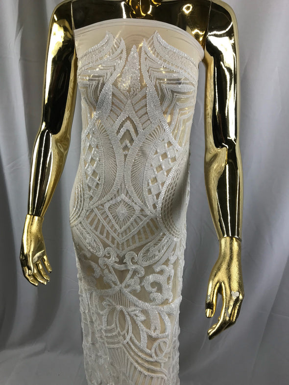White royalty design embroider with shiny sequins on a 4 way stretch power mesh-dresses-fashion-prom-nightgown-sold by the yard.