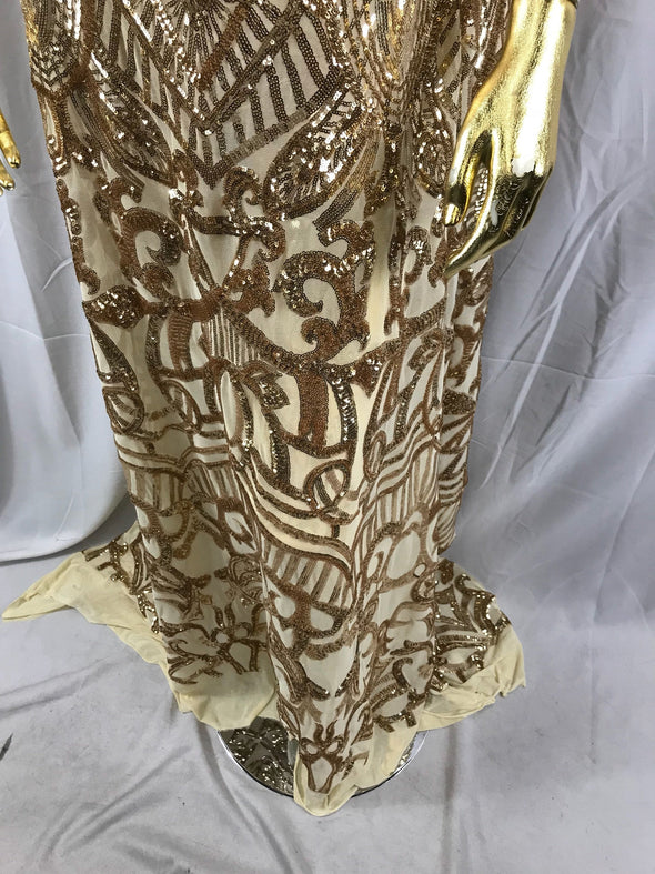 Gold royalty design embroider with shiny sequins on a 4 way stretch power mesh-dresses-fashion-prom-nightgown-sold by the yard.
