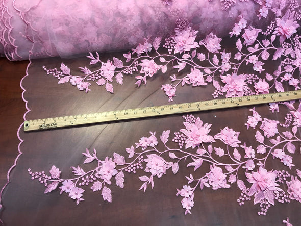 Candy pink princess 3d floral design embroider with pearls on a mesh lace-prom-nightgown -fashion-apparel-decorations-sold by the yard.