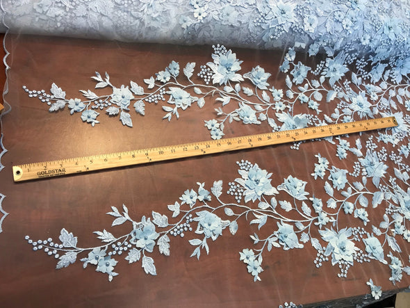 Light blue princess 3d floral design embroider with pearls on a mesh lace-dresses-fashion-prom-nightgown-decorations-sold by the yard.