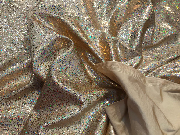 Gold iridescent shattered glass design 4 way Stretch nylon spandex-legging-dresses-fashion-apparel-baiting suits-sold by the yard.