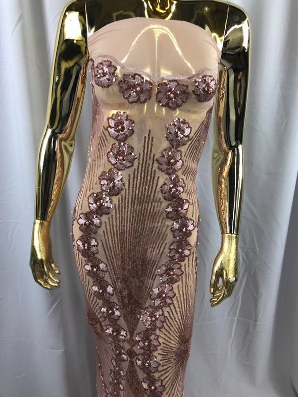 Dusty rose goddess design floral embroidery with sequins and pearls on a 4 way stretch mesh-dresses-fashion-prom-nightgown-sold by the yard.