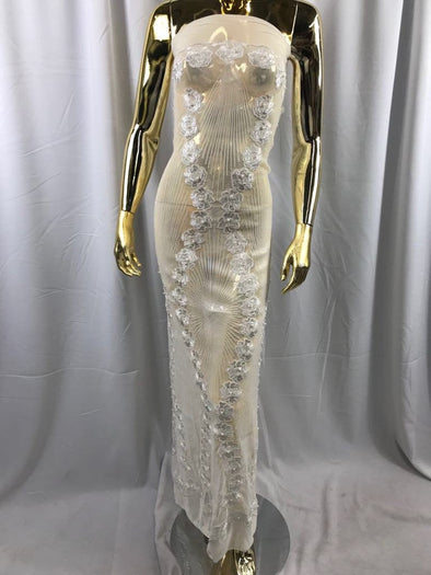 Ivory goddess design floral embroidery with sequins and pearls on a 4 way stretch mesh-dresses-fashion-apparel-prom-nightgown-sold by yard.