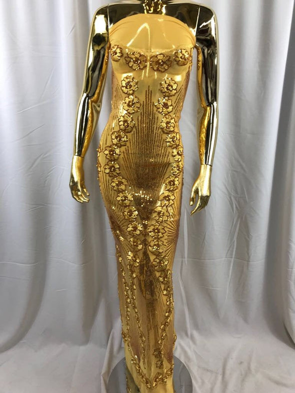 Dark gold goddess design floral embroidery with sequins and pearls on a 4 way Stretch Mesh-dresses-fashion-prom-nightgown-sold by the yard.