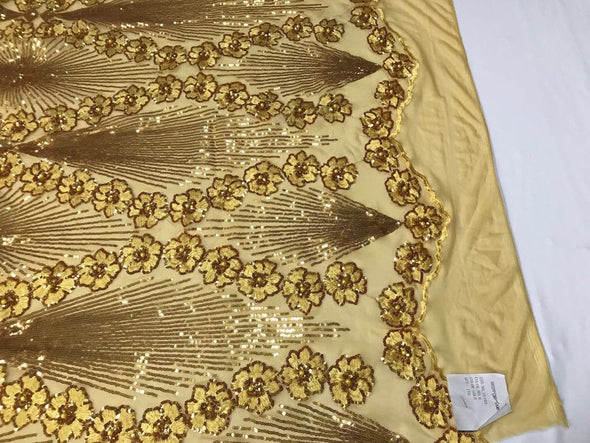 Dark gold goddess design floral embroidery with sequins and pearls on a 4 way Stretch Mesh-dresses-fashion-prom-nightgown-sold by the yard.