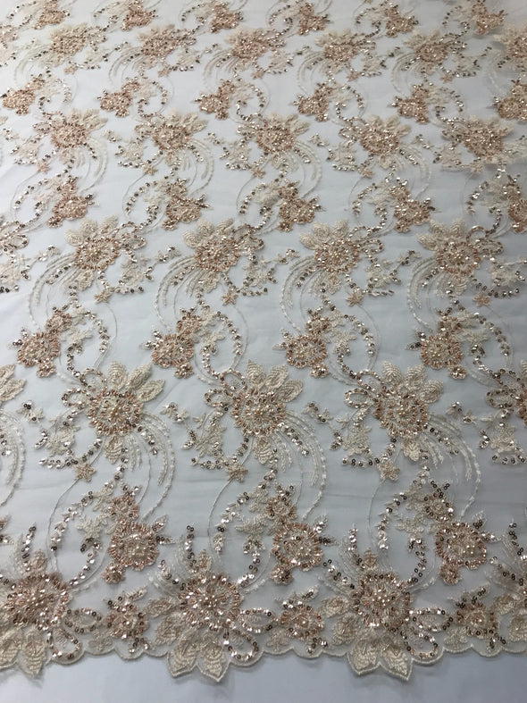 Blush peach hand beaded floral design embroider on a mesh lace-dresses-fashion-apparel-prom-nightgown-decorations-sold by the yard.