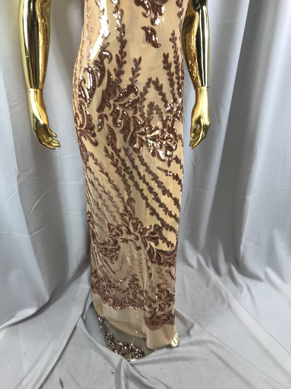 Rose gold 4 way Stretch power mesh lace embroidered shiny sequins-dresses-fashion-prom-nightgown-apparel-decorations-sold by the yard.