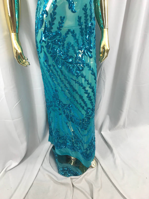 Turquoise 4 way Stretch power mesh lace embroidered with shiny sequins-dresses-fashion-prom-nightgown-decorations-sold by the yard.