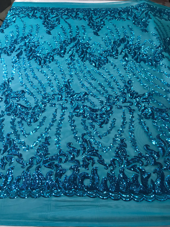 Turquoise 4 way Stretch power mesh lace embroidered with shiny sequins-dresses-fashion-prom-nightgown-decorations-sold by the yard.