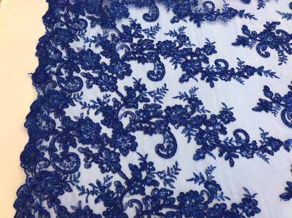 Royal blue floral design embroidery with shiny sequins on a mesh lace-dresses-fashion-apparel-prom-nightgown-sold by the yard.