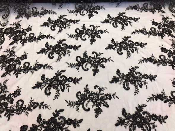 Black floral design embroidery with shiny sequins on a mesh lace-dresses-fashion-apparel-prom-nightgown-sold by the yard.