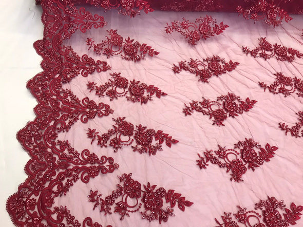 Burgundy hand beaded floral design embroidery with shiny sequins on a mesh lace-dresses-apparel-prom-nightgown-sold by the yard.