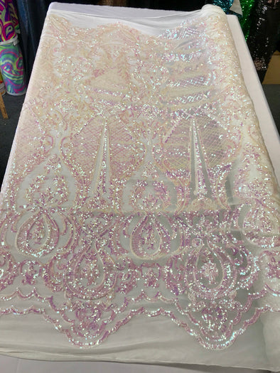 Pink princess design iridescent sequins embroidery on a 4 way stretch white mesh-dresses-fashion-apparel-prom-nightgown-sold by the yard.