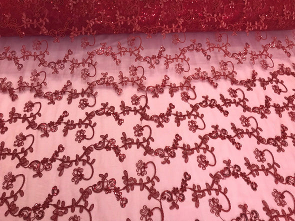 Burgundy floral embroidery with shiny sequins and cord on a mesh lace-dresses-fashion-apparel-prom-nightgown-sold by the yard.