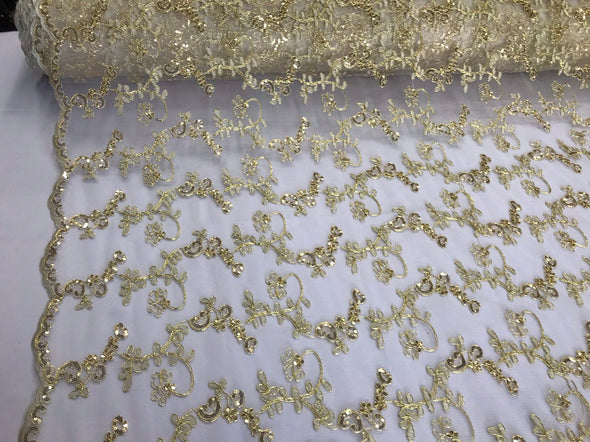 Gold metallic floral embroidery with shiny sequins and cord on a ivory mesh lace-dresses-fashion-prom-nightgown-sold by the yard.