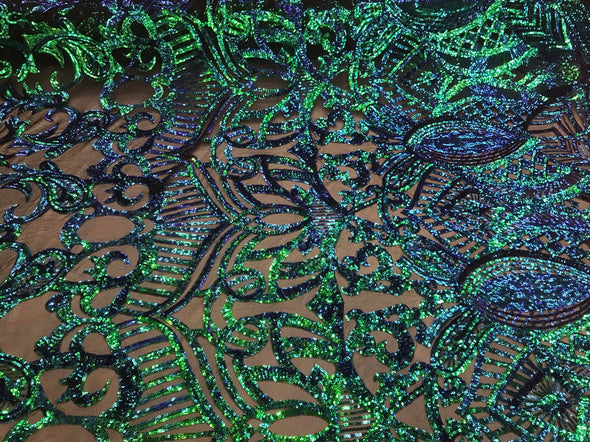 Green royalty iridescent sequins on a 4 way Stretch black mesh lace-dresses-apparel-fashion-prom-nightgown-sold by the yard.