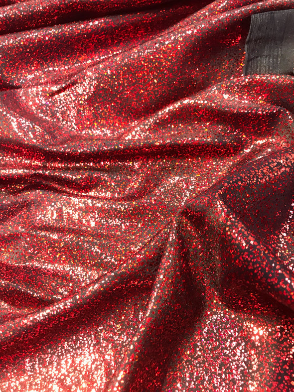 Red iridescent shattered glass design 4 way Stretch nylon spandex-dresses-fashion-apparel-leggings-bathing suits-sold by the yard.