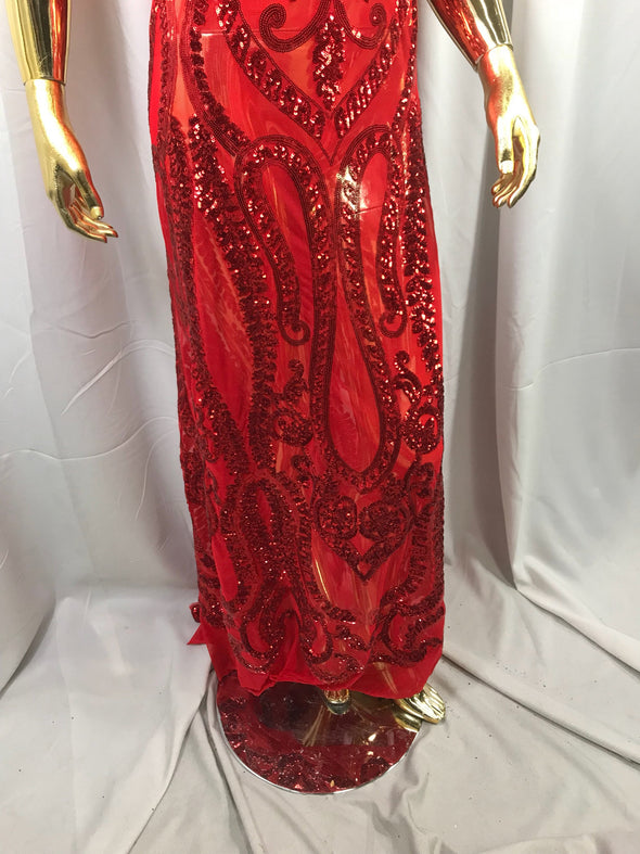Red diva design embroider with shiny sequins on a 4 way Stretch power mesh-dresses-apparel-prom-nightgown-sold by the yard.