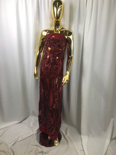 Burgundy diva design embroider with shiny sequins on a 4 way stretch power mesh-dresses-fashion-apparel-prom-nightgown-sold by the yard.
