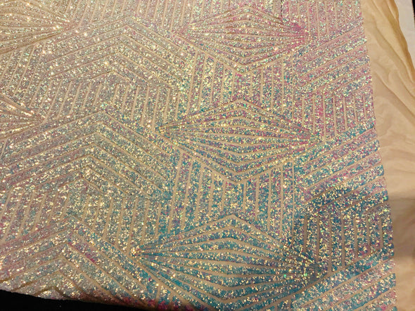 Pink-aqua geometric iridescent sequins on a 2 way stretch nude mesh-dresses-apparel-fashion-prom-nightgown-sold by the yard.