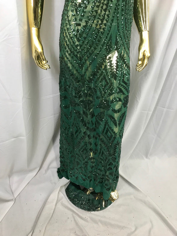 Hunter green geometric diamond design embroidery with sequins on a 4 way stretch mesh-dresses-fashion-prom-nightgown-sold by yard.