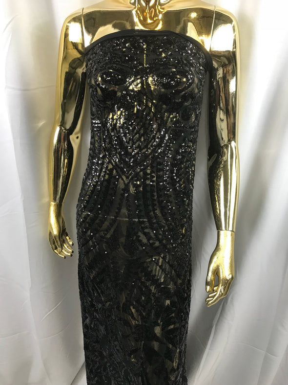 Black geometric diamond design embroidery with sequins on a 4 way stretch mesh-dresses-fashion-prom-nightgown-sold by the yard.