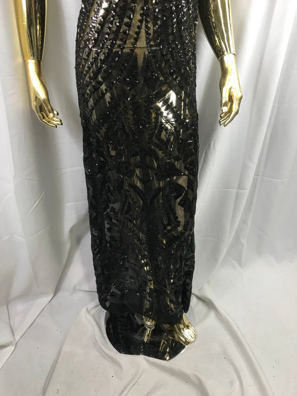 Black geometric diamond design embroidery with sequins on a 4 way stretch mesh-dresses-fashion-prom-nightgown-sold by the yard.