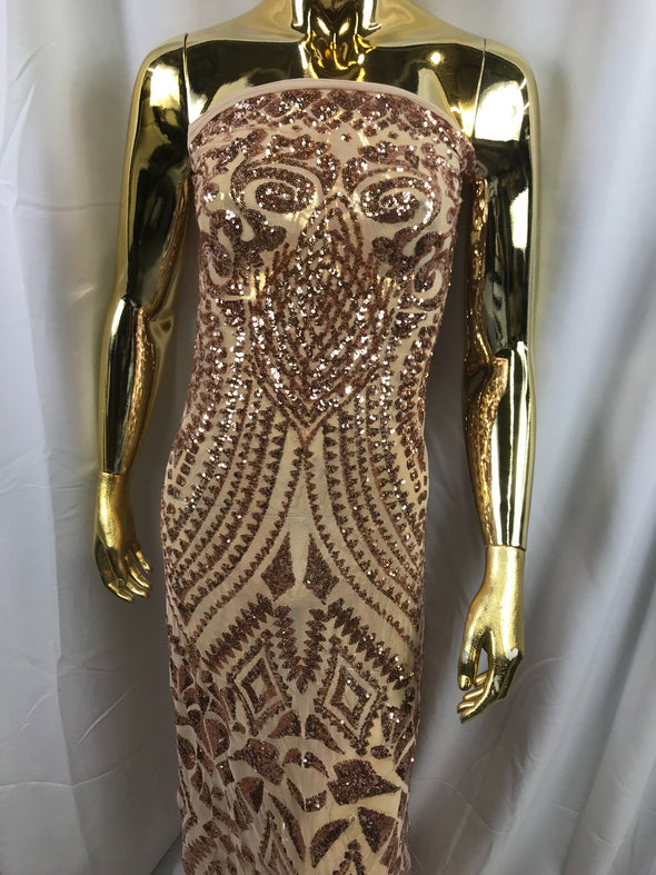 Rose gold geometric diamond design embroidery with sequins on a 4 way Stretch Mesh-dresses-prom-nightgown-sold by the yard.