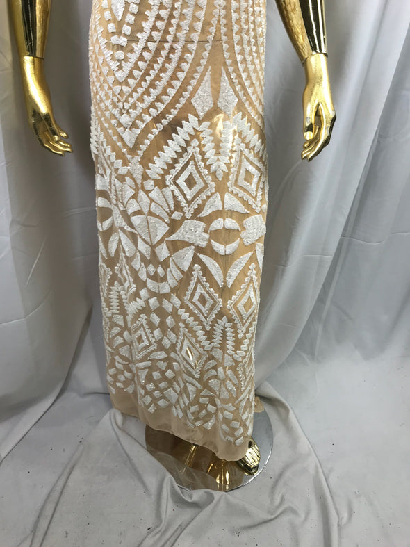 Skin color-white color geometric diamond design embroidery with sequins on a 4 Way Stretch Mesh-dresses-prom-nightgown-sold by the yard.
