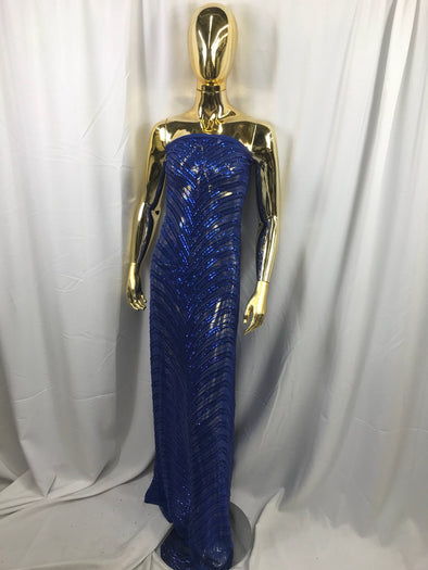 Royal blue imperial design embroidery with shiny sequins on a 4 way stretch mesh-dresses-fashion-prom-nightgown-sold by the yard.