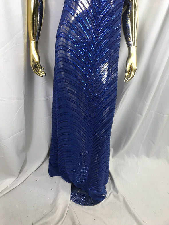Royal blue imperial design embroidery with shiny sequins on a 4 way stretch mesh-dresses-fashion-prom-nightgown-sold by the yard.