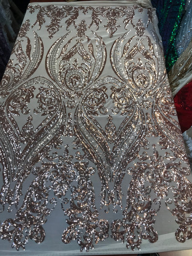 Rose gold empire design embroidered with shiny sequins on a 4 way Stretch Mesh-dresses-fashion-prom-nightgown-sold by the yard.